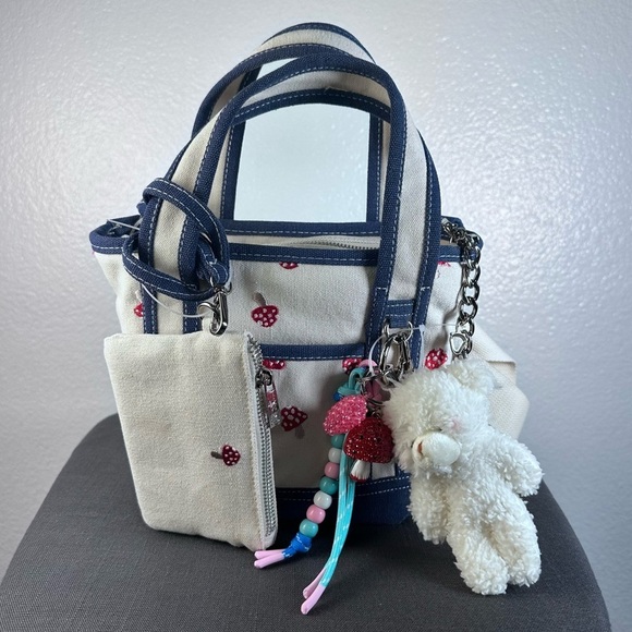 Madden Girl Handbags - Madden Girl Mini Tote Mushroom Navy Blue Teddy Bear Jeweled Keychains